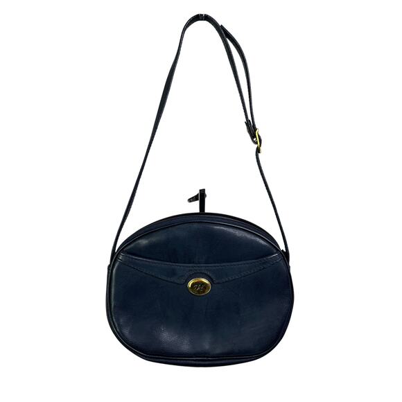 Hexagona Paris Handbag Womens Navy Blue Oval Shape Gold Trim Old Money Classic - Picture 1 of 6
